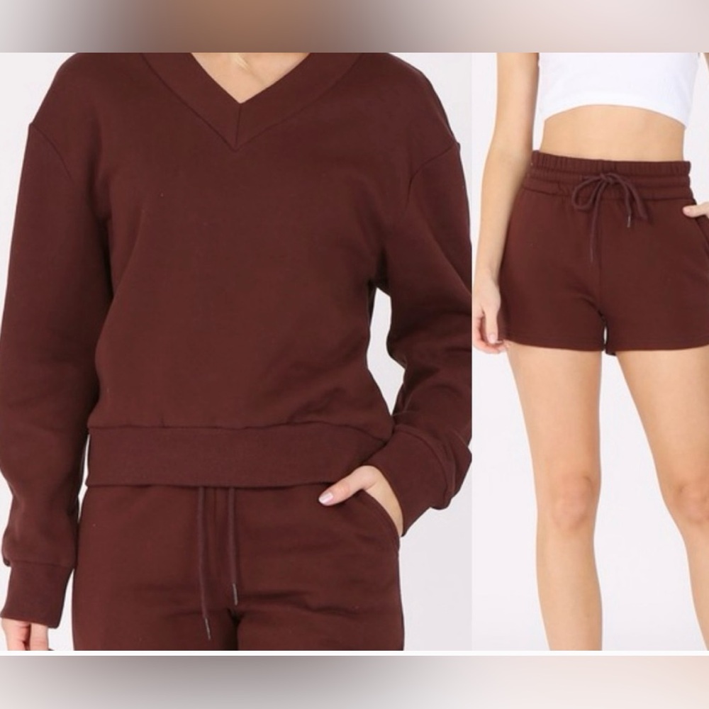 Rosio Chocolate Brown shorts with long sleeve v-neck sweatshirt loungewear set